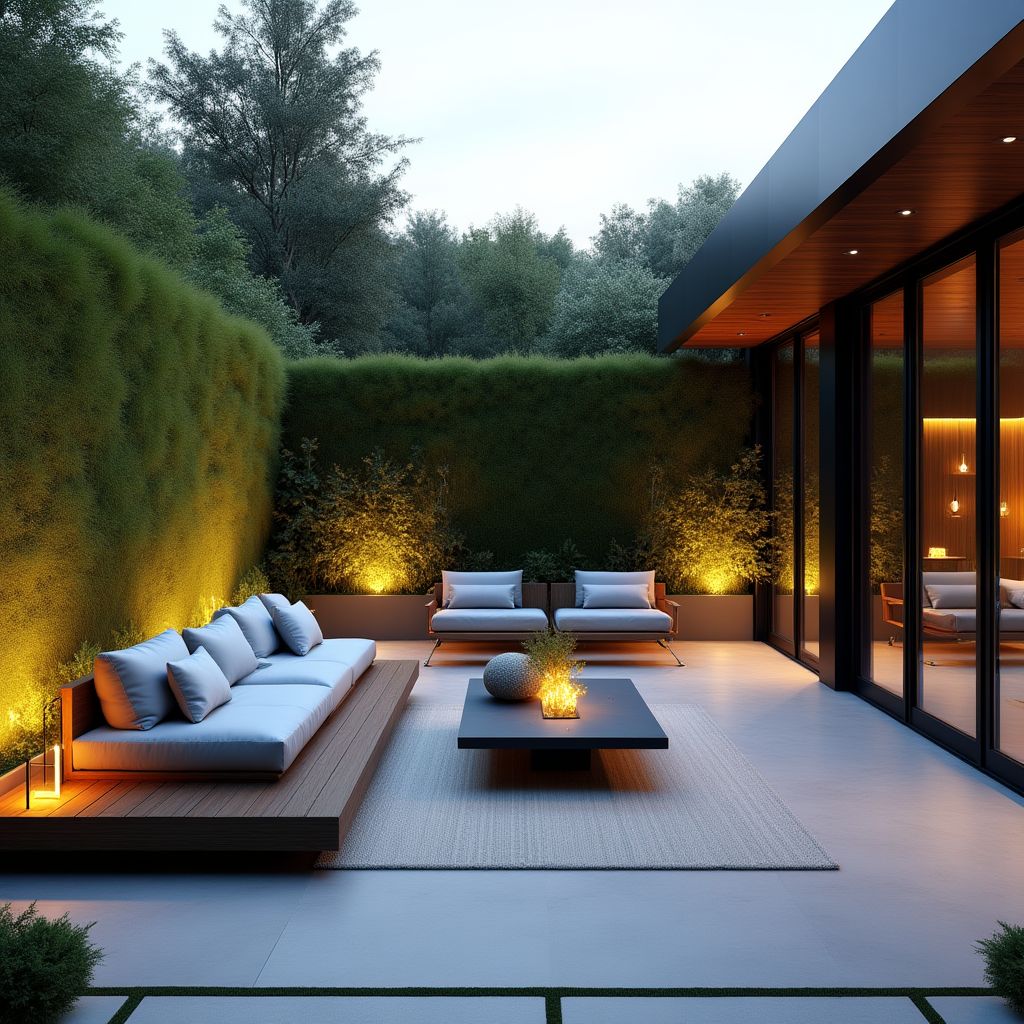 Espace extérieur avec mobilier design et végétation